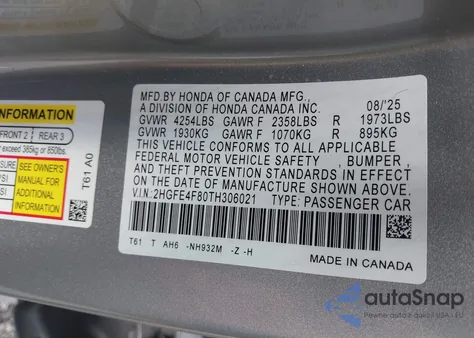 2026 Honda Civic Hybrid Sport/Sport Touring из США, поврежденный, VIN 2HGFE4F80TH306021